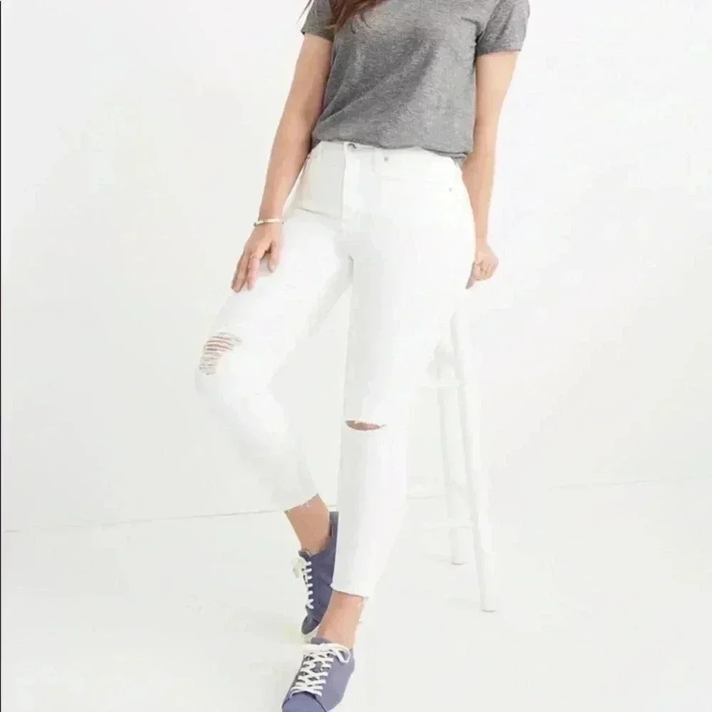 Madewell white 9” high rise skinny cropped distressed jeans 25